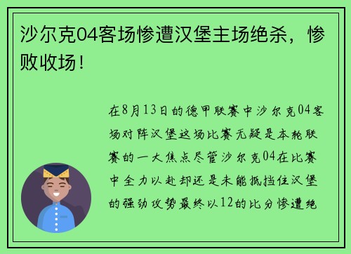 沙尔克04客场惨遭汉堡主场绝杀，惨败收场！